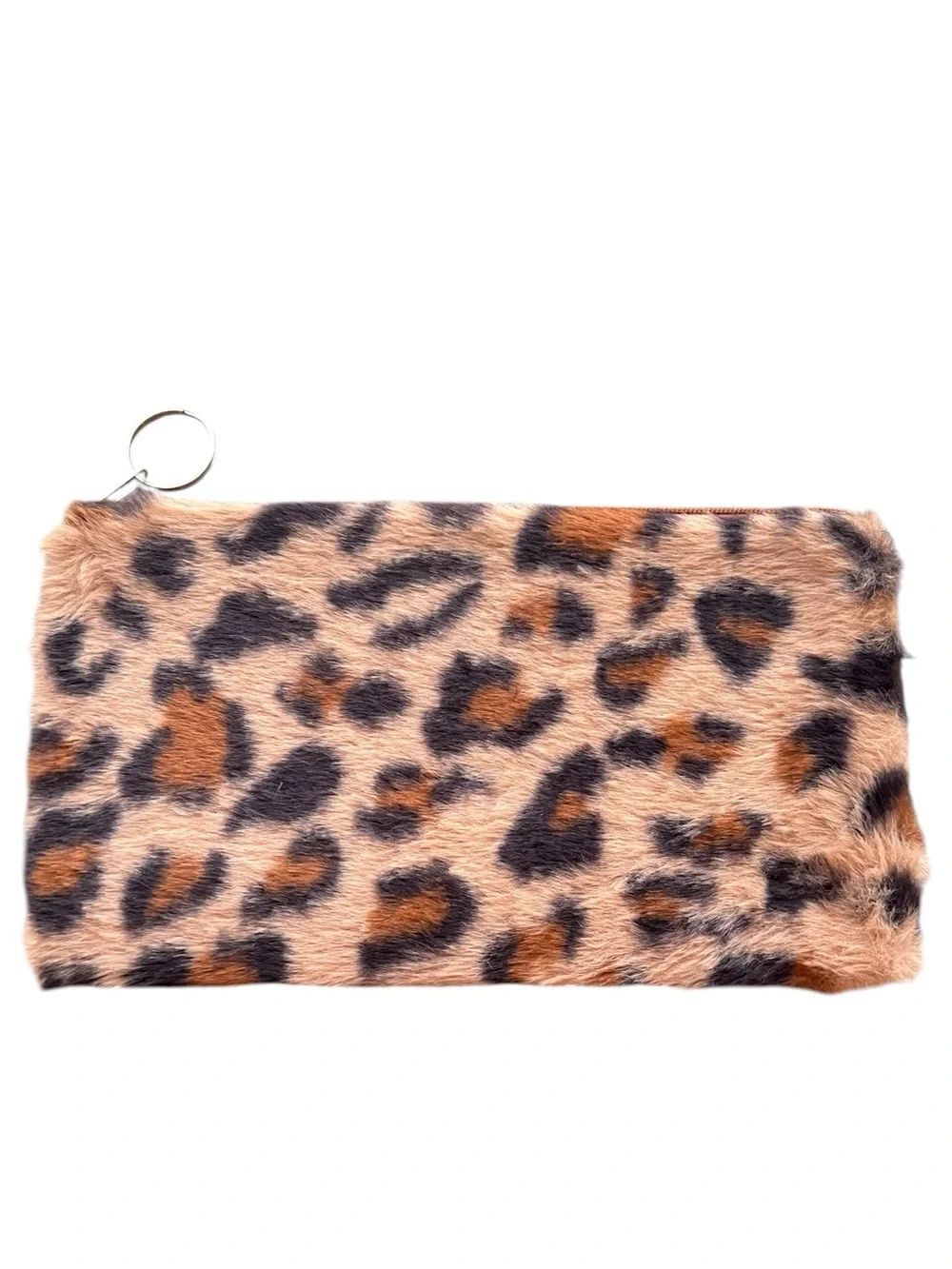 Leopard Print Faux Fur Wristlet Clutch With Keyring